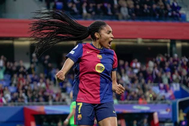 Sport Themen der Woche KW13 Sport Bilder des Tages Barcelona, Spain, March 27th 2025 Salma Paralluelo celebrates FC Barcelona, Barca first goal the UEFA Women s Champions League match between FC Barcelona and VfL Wolfsburg at Johan Cruyff Stadium in Barcelona, Spain (Andres Lopez Sheridan SPP)  Copyright: xAndresxLopezxSheridanxx xSPPx spp-en-AnLoShSp-ALS_BCN-WLF-16