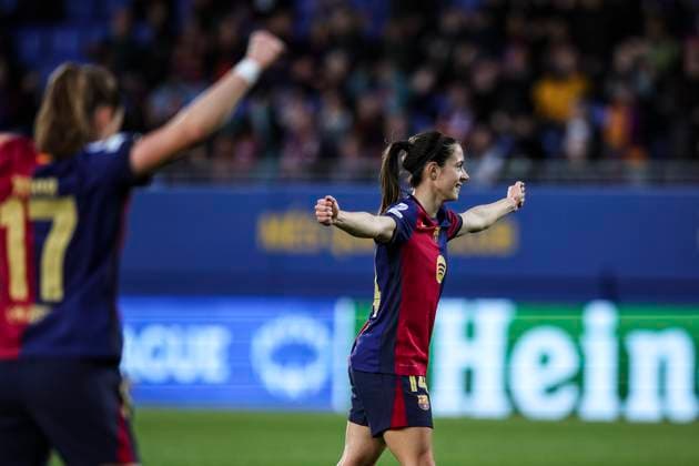 FC Barcelona, Barca Vs Vfl Wolfsburg - Womens UEFA Champions League 2024 25 Quarter - Final Aitana Bonmati of FC Barcelona celebrates a goal during the Women s UEFA Champions League 2024 25 Quarter-final match between FC Barcelona and Vfl Wolfsburg at Johan Cruyff Stadium in Barcelona, Spain, on March 27, 2025. Sant Joan Despi Spain  Copyright: xGongorax originalFilename:bonilla-fcbarcel250327_nps8f.jpg