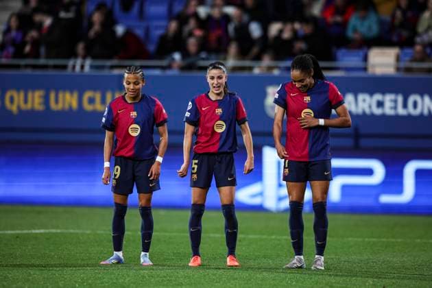 FC Barcelona, Barca Vs Vfl Wolfsburg - Womens UEFA Champions League 2024 25 Quarter - Final Salma Paralluelo of FC Barcelona celebrates after scoring a goal with Jana Fernandez and Vicky Lopez of FC Barcelona during the Women s UEFA Champions League 2024 25 Quarter-final match between FC Barcelona and Vfl Wolfsburg at Johan Cruyff Stadium in Barcelona, Spain, on March 27, 2025. Sant Joan Despi Spain  Copyright: xGongorax originalFilename:bonilla-fcbarcel250327_npspN.jpg