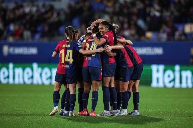 FC Barcelona, Barca Vs Vfl Wolfsburg - Womens UEFA Champions League 2024 25 Quarter - Final Esmee Brugts of FC Barcelona celebrates after scoring a goal with her teammates during the Women s UEFA Champions League 2024 25 quarter-final match between FC Barcelona and Vfl Wolfsburg at Johan Cruyff Stadium in Barcelona, Spain, on March 27, 2025. Sant Joan Despi Spain  Copyright: xGongorax originalFilename:bonilla-fcbarcel250327_npx4n.jpg
