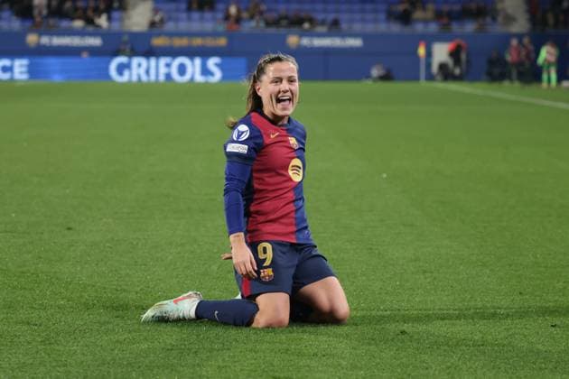 Spain - UEFA Women s Champions League - FC Barcelona, Barca vs VfL Wolfsburg - 27 03 2025 SPAIN, BARCELONA, MARCH 27. Claudia Pina of FC Barcelona celebrates after scoring his side™s fifth goal during the UEFA Women s Champions League quarterfinals second leg match between FC Barcelona and VfL Wolfsburg on March 27, 2024 at Estadi Johan Cruyff in Barcelona, Spain. Photo by Manuel Blondeau AOP.Press Barcelona Estadi Johan Cruyff Catalunya Spain Copyright: x ManuelxBlondeau AOP.Pressx AOP20250327 0015