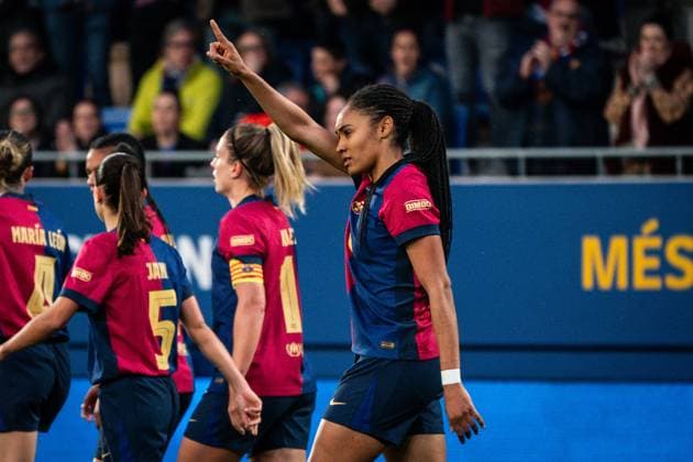 March 27, 2025, Barcelona, Spain, Spain: Salma PARALLUELO of Barcelona celebrates his goal during the UEFA Women s Champions League match between FC Barcelona, Barca and Verein fur Leibesubungen Wolfsburg (VfL) at Estadi Johan Cruyff on March 27, 2025 in Barcelona, Spain. Barcelona Spain - ZUMAm308 20250327_zsp_m308_002 Copyright: xMatthieuxMirvillex