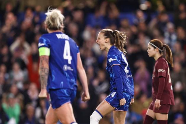 Chelsea v Manchester City 27 March 2025, London - UEFA Women s Champions League - Quarter Final - Second Leg - Chelsea v Manchester City - Nathalie Bjorn of Chelsea celebrates their second goal - Photo: Jacques Feeney Offside. London UK Copyright: xJacquesxFeeneyx xOffsidexOffside