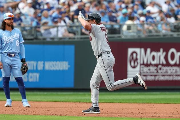 MLB, Baseball Herren, USA 2025: Guardians Vs Royals MAR 27 March 27, 2025: Cleveland Guardians designated hitter Kyle Manzardo (9) reacts to his sixth inning two run home run against the Kansas City Royals on opening day of an MLB baseball game at Kauffman Stadium in Kansas City, MO. David Smith CSM (Credit Image: Â David Smith Cal Media) Kansas City Mo United States of America EDITORIAL USE ONLY Copyright: xx ZUMA-20250327_zma_c04_340.jpg DavidxSmithx csmphotothree369307