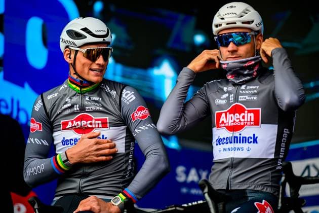 Dutch Mathieu van der Poel of Alpecin-Deceuninck and Belgian Gianni Vermeersch of Alpecin-Deceuninck pictured at the start of the E3 Saxo Bank Classic one day cycling race, 208,8 km from and to Harelbeke, on Friday 28 March 2025. DIRKxWAEM  x116482716x