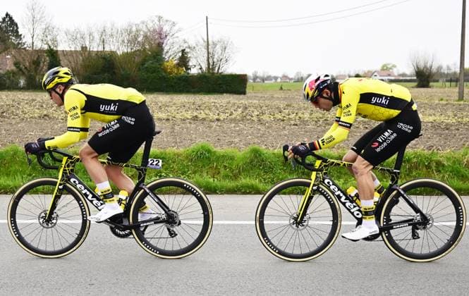 Italian Edoardo Affini of Team Visma-Lease a Bike and Belgian Wout van Aert of Team Visma-Lease a Bike pictured in action during the E3 Saxo Bank Classic one day cycling race, 208,8 km from and to Harelbeke, on Friday 28 March 2025. DIRKxWAEM  x116490979x