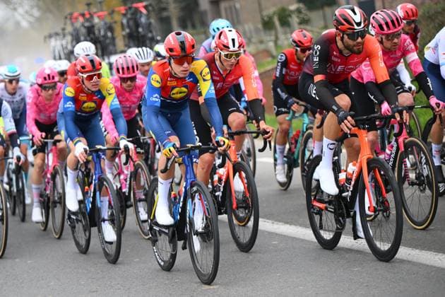 E3 Saxo Classic 2025 Cycling Race Harelbeke, Belgium - March 28 : Ganna Filippo (ITA) of Ineos Grenadiers and Pedersen Mads (DEN) of Lidl - Trek in action during the Men Elite UCI World Tour 68th E3 Saxo Classic cycling race of 208 kms with start in Harelbeke and finish in Harelbeke on March 28, 2025 in Harelbeke, Belgium, 28 03 2025 ( Motordriver Kenny Verfaillie - Harelbeke Belgium  Copyright: xVincentxKalutx