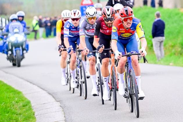 Danish Casper Pedersen of Soudal Quick-Step, Dutch Mathieu van der Poel of Alpecin-Deceuninck, Italian Filippo Ganna of Ineos Grenadiers and Danish Mads Pedersen of Lidl-Trek pictured in action during the E3 Saxo Bank Classic one day cycling race, 208,8 km from and to Harelbeke, on Friday 28 March 2025. DIRKxWAEM  x116534121x