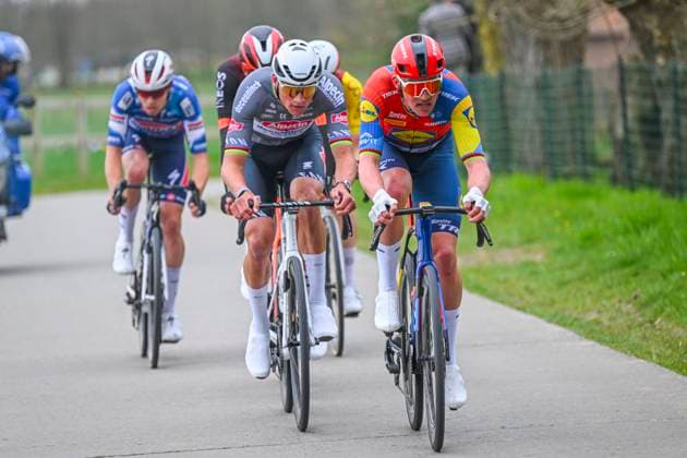 E3 Saxo Classic 2025 Cycling Race Harelbeke, Belgium - March 28 : Pedersen Mads (DEN) of Lidl - Trek, Van Der Poel Mathieu (NED) of Alpecin - Deceuninck in the escape pack during the Men Elite UCI World Tour 68th E3 Saxo Classic cycling race of 208 kms with start in Harelbeke and finish in Harelbeke on March 28, 2025 in Harelbeke, Belgium, 28 03 2025 ( Motordriver Kenny Verfaillie - Harelbeke Belgium  Copyright: xTimxDexWaelex