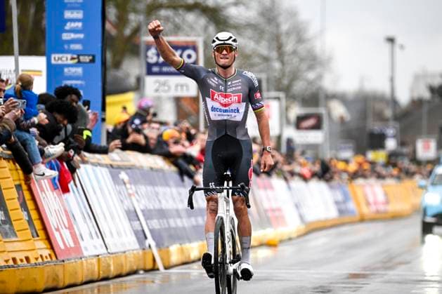 E3 Saxo Classic 2025 Cycling Race Harelbeke, Belgium - March 28 : Van Der Poel Mathieu (NED) of Alpecin - Deceuninck celebrating his victory during the Men Elite UCI World Tour 68th E3 Saxo Classic cycling race of 208 kms with start in Harelbeke and finish in Harelbeke on March 28, 2025 in Harelbeke, Belgium, 28 03 2025 ( Motordriver Kenny Verfaillie - Harelbeke Belgium  Copyright: xPeterxDexVoechtx