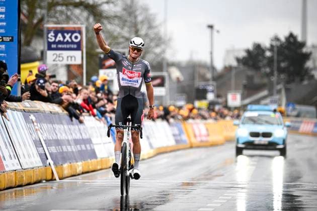E3 Saxo Classic 2025 Cycling Race Harelbeke, Belgium - March 28 : Van Der Poel Mathieu (NED) of Alpecin - Deceuninck celebrating his victory during the Men Elite UCI World Tour 68th E3 Saxo Classic cycling race of 208 kms with start in Harelbeke and finish in Harelbeke on March 28, 2025 in Harelbeke, Belgium, 28 03 2025 ( Motordriver Kenny Verfaillie - Harelbeke Belgium  Copyright: xPeterxDexVoechtx