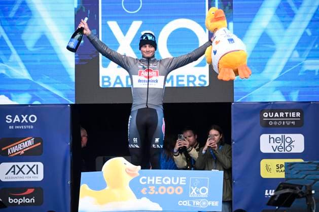 E3 Saxo Classic 2025 Cycling Race Harelbeke, Belgium - March 28 : Van Der Poel Mathieu (NED) of Alpecin - Deceuninck on the podium during the Men Elite UCI World Tour 68th E3 Saxo Classic cycling race of 208 kms with start in Harelbeke and finish in Harelbeke on March 28, 2025 in Harelbeke, Belgium, 28 03 2025 ( Motordriver Kenny Verfaillie - Harelbeke Belgium  Copyright: xPeterxDexVoechtx