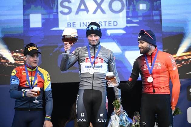 E3 Saxo Classic 2025 Cycling Race Harelbeke, Belgium - March 28 : Pedersen Mads (DEN) of Lidl - Trek, Van Der Poel Mathieu (NED) of Alpecin - Deceuninck, Ganna Filippo (ITA) of Ineos Grenadiers on the podium during the Men Elite UCI World Tour 68th E3 Saxo Classic cycling race of 208 kms with start in Harelbeke and finish in Harelbeke on March 28, 2025 in Harelbeke, Belgium, 28 03 2025 ( Motordriver Kenny Verfaillie - Harelbeke Belgium  Copyright: xPeterxDexVoechtx