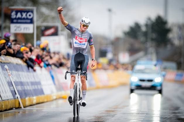 Dutch Mathieu van der Poel of Alpecin-Deceuninck celebrates as he crosses the finish line to win the E3 Saxo Bank Classic one day cycling race, 208,8 km from and to Harelbeke, on Friday 28 March 2025. JASPERxJACOBS  x116570500x
