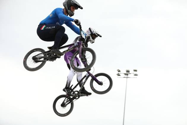 March 28, 2025, Verona, Veneto, Italy: PIETRO BERTAGNOLI 21 of Italy and THEO THOUIN 55 of France in the UEC BMX European Cup Round 1 in Verona, Italy Verona Italy - ZUMAc179 20250328_zep_c179_027 Copyright: xMickaelxChavetx