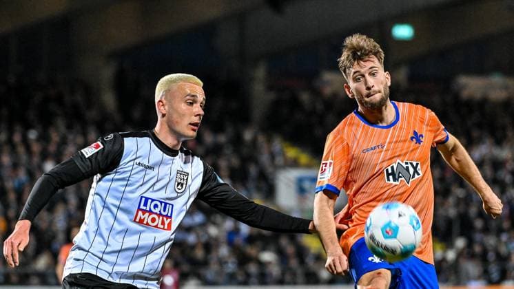 GER, 2. BL, SSV Ulm 1846 vs SV Darmstadt 98 28.03.2025, Donaustadion, Ulm, GER, 2. BL, SSV Ulm 1846 vs SV Darmstadt 98, im Bild Bastian Allgeier (SSV Ulm, 7), Killian Corredor (Darmstadt, 34)