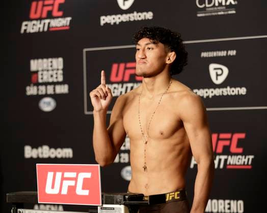 March 28, 2025, Mexico City, Mexico, MEX: RAUL ROSAS JR. poses on the scale during official weigh-ins for UFC Fight Night Mexico City at the InternContinental Mexico City hotel in Mexico City, MX. Mexico City MEX - ZUMAs346 20250328_zsp_s346_089 Copyright: xAlejandroxSalazarx
