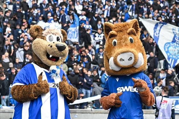 Fussball 2.Bundesliga, Hertha BSC Berlin - Karlsruher SC 29.03.2025, xdanx, Fussball 2.Bundesliga, Hertha BSC Berlin - Karlsruher SC v.l. Maskottchen Herthinho (Hertha BSC( vereint auf die Freundschaft mit Maskottchen Willi Wildpark (Karlsruher SC). (DFL DFB REGULATIONS PROHIBIT ANY USE OF PHOTOGRAPHS as IMAGE SEQUENCES and or QUASI-VIDEO) Daniel Lakomski Mix1Press Berlin Olympiastadion Berlin Deutschland (DEU)