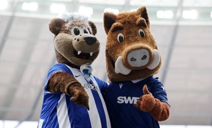 Sport Themen der Woche KW13 Sport Bilder des Tages Maskottchen Herthinho, KSC Maskottchen Willi Fußball Fussball DFL 2.Bundesliga Herren 27. Spieltag Saison 2024 2025 29.03.2025 Hertha BSC Berlin vs. Karlsruher SC KSC DFL regulations prohibit any use of photographs as image sequences and or quasi-video *** Mascot Herthinho, KSC Mascot Willi Sport Soccer Football DFL 2 Bundesliga Men 27 Matchday Season 2024 2025 29 03 2025 Hertha BSC Berlin vs Karlsruher SC KSC DFL regulations prohibit any use of photographs as image sequences and or quasi video