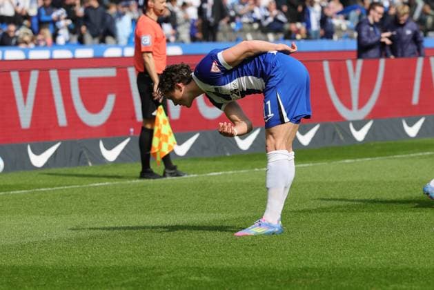 2. Fußball Bundesliga, Hertha BSC - Karlsruher SC Torjubel, Jubel . Fabian Reese (Hertha BSC Berlin 11) jubelt über das Tor zum 1:0, während der Begegnung in der 2. Fußball Bundesliga, Hertha BSC - Karlsruher SC in Berlin, Olympiastadion, am 29.03.2025. DFB regulations prohibit any use of photographs as image sequences and or quasi video.