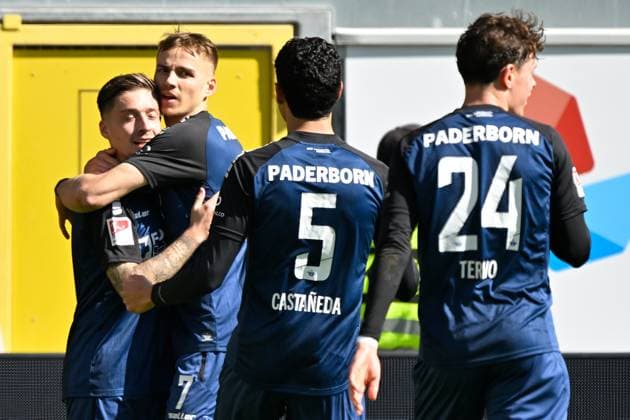 Paderborn, Home Deluxe Arena, 29.03.25, GER, Herren, 2.Bundesliga, Saison 2024-2025, SC Paderborn 07 - 1.FC Koeln Bild: Marvin MEHLEM (Paderborn) jubelt nach seinem Tor zum 1:0 DFL regulations prohibit any use of photographs as image sequences and or quasi-video. NRW Deutschland