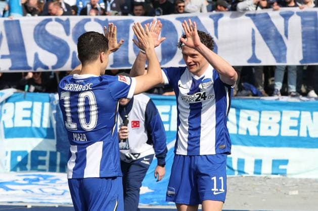 29.03.2025, xtgx, Fussball 2. Bundesliga, Hertha BSC Berlin - Karlsruher SC emspor, v.l. Fabian Reese (Hertha, 11) Jubel, Torjubel, jubelt ueber das Tor, celebrate the goal, celebration (DFL DFB REGULATIONS PROHIBIT ANY USE OF PHOTOGRAPHS as IMAGE SEQUENCES and or QUASI-VIDEO) Berlin