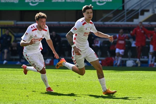 Paderborn, Home Deluxe Arena, 29.03.25, GER, Herren, 2.Bundesliga, Saison 2024-2025, SC Paderborn 07 - 1.FC Koeln Bild: Denis HUSEINBASIC (Koeln) jubelt nach seinem Tor zum 1:2 DFL regulations prohibit any use of photographs as image sequences and or quasi-video. NRW Deutschland