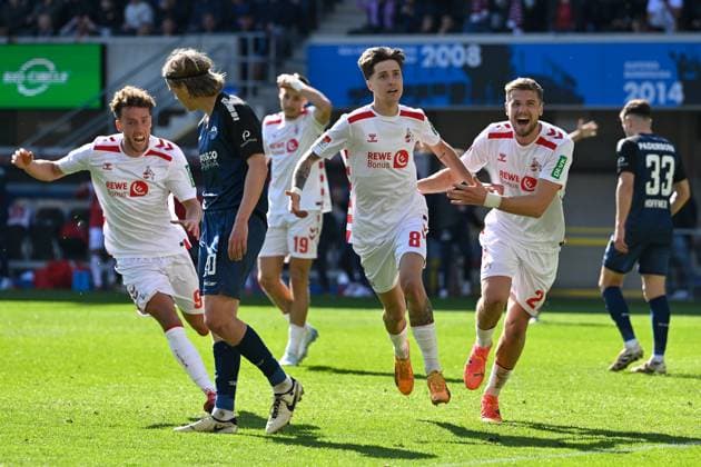 Paderborn, Home Deluxe Arena, 29.03.25, GER, Herren, 2.Bundesliga, Saison 2024-2025, SC Paderborn 07 - 1.FC Koeln Bild: Denis HUSEINBASIC (Koeln) jubelt nach seinem Tor zum 1:2 DFL regulations prohibit any use of photographs as image sequences and or quasi-video. NRW Deutschland