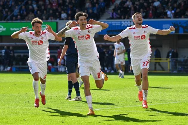 Sport Bilder des Tages Paderborn, Home Deluxe Arena, 29.03.25, GER, Herren, 2.Bundesliga, Saison 2024-2025, SC Paderborn 07 - 1.FC Koeln Bild: Denis HUSEINBASIC (Koeln) jubelt nach seinem Tor zum 1:2 DFL regulations prohibit any use of photographs as image sequences and or quasi-video. NRW Deutschland