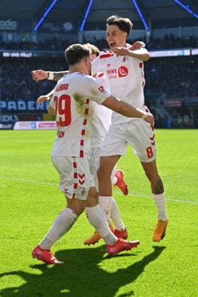 Paderborn, Home Deluxe Arena, 29.03.25, GER, Herren, 2.Bundesliga, Saison 2024-2025, SC Paderborn 07 - 1.FC Koeln Bild: Denis HUSEINBASIC (Koeln) jubelt nach seinem Tor zum 1:2 DFL regulations prohibit any use of photographs as image sequences and or quasi-video. NRW Deutschland
