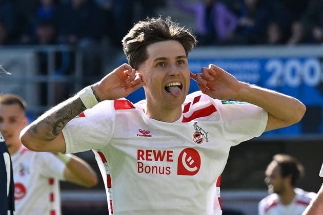 Paderborn, Home Deluxe Arena, 29.03.25, GER, Herren, 2.Bundesliga, Saison 2024-2025, SC Paderborn 07 - 1.FC Koeln Bild: Denis HUSEINBASIC (Koeln) jubelt nach seinem Tor zum 1:2 DFL regulations prohibit any use of photographs as image sequences and or quasi-video. NRW Deutschland