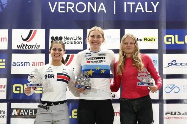 Radsport, BMX, UEC European Cup in Verona - Siegerehrung March 29, 2025, Verona, Veneto, Italy: BETHANY SHRIEVER of Great Britain (left), ZOE CLAESSENS of Switzerland (center) and MICHELLE WISSING of Netherlands (right) are the second, first and third in the Women Elite of the UEC BMX European Cup Round 1 in Verona, Italy Verona Italy - ZUMAc179 20250329_zep_c179_012 Copyright: xMickaelxChavetx