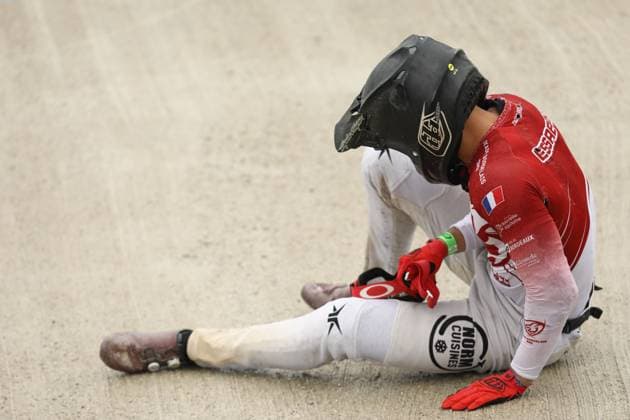 March 29, 2025, Verona, Veneto, Italy: AXEL ESSABAR of France crashes in the Men Elite of the UEC BMX European Cup Round 1 in Verona, Italy Verona Italy - ZUMAc179 20250329_zep_c179_124 Copyright: xMickaelxChavetx