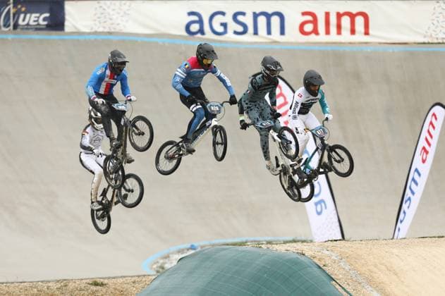 March 29, 2025, Verona, Veneto, Italy: Men Junior riders of whom DAVID FERREIRA 877 of Switzerland compete in the Last 16 of the UEC BMX European Cup Round 1 in Verona, Italy Verona Italy - ZUMAc179 20250329_zep_c179_134 Copyright: xMickaelxChavetx