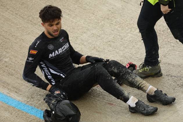 March 29, 2025, Verona, Veneto, Italy: Carlos ORDONEZ LAGUIA of Spain falls heavily in the Last 16 of the Men Under 23 at the UEC BMX European Cup Round 1 in Verona, Italy Verona Italy - ZUMAc179 20250329_zep_c179_141 Copyright: xMickaelxChavetx
