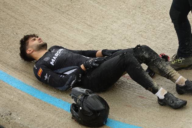 March 29, 2025, Verona, Veneto, Italy: Carlos ORDONEZ LAGUIA of Spain falls heavily in the Last 16 of the Men Under 23 at the UEC BMX European Cup Round 1 in Verona, Italy Verona Italy - ZUMAc179 20250329_zep_c179_142 Copyright: xMickaelxChavetx