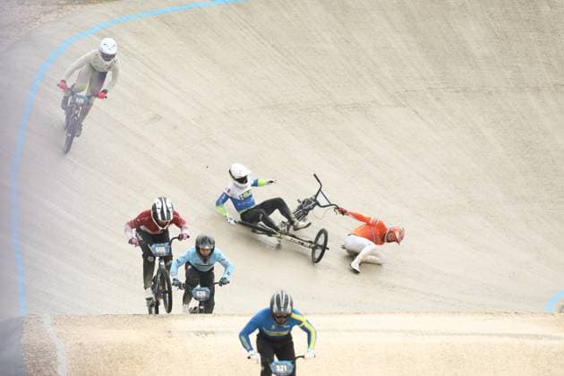 March 29, 2025, Verona, Veneto, Italy: MIKA LANG of Netherlands and RUBEN EUGENIE of France crash in the Last 16 of the Men Under 23 at the UEC BMX European Cup Round 1 in Verona, Italy Verona Italy - ZUMAc179 20250329_zep_c179_149 Copyright: xMickaelxChavetx