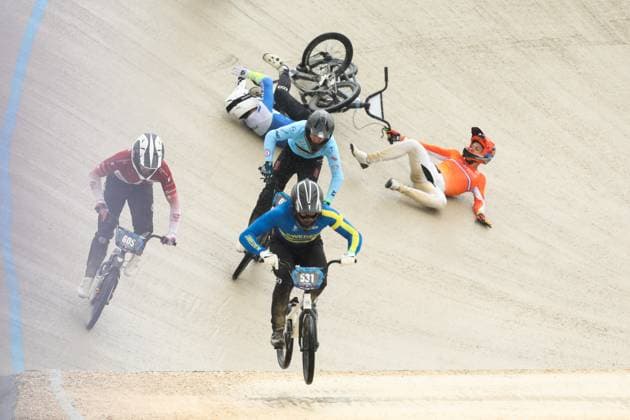 March 29, 2025, Verona, Veneto, Italy: MIKA LANG of Netherlands and RUBEN EUGENIE of France crash in the Last 16 of the Men Under 23 at the UEC BMX European Cup Round 1 in Verona, Italy Verona Italy - ZUMAc179 20250329_zep_c179_156 Copyright: xMickaelxChavetx