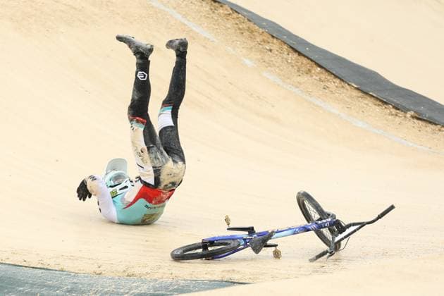 March 29, 2025, Verona, Veneto, Italy: LORIS JEANMOYE of Belgium falls dramatically in the Quarterfinals of the Men Under 23 at the UEC BMX European Cup Round 1 in Verona, Italy Verona Italy - ZUMAc179 20250329_zep_c179_160 Copyright: xMickaelxChavetx