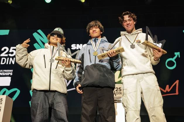 FREE STYLE, SNOWBOARD - FIS SX and SB WC Engadin 2025 SANKT MORITZ,SWITZERLAND,29.MAR.25 - SNOWBOARD - FIS Freestyle Ski and Snowboard World Championships, Champions Celebration, award ceremony, Snowboard Big Air. Image shows Taiga Hasegawa, Ryoma Kimata (JPN) and Oliver Martin (USA). Keywords: trophy.  GEPAxpictures xMatthiasxTrinkl