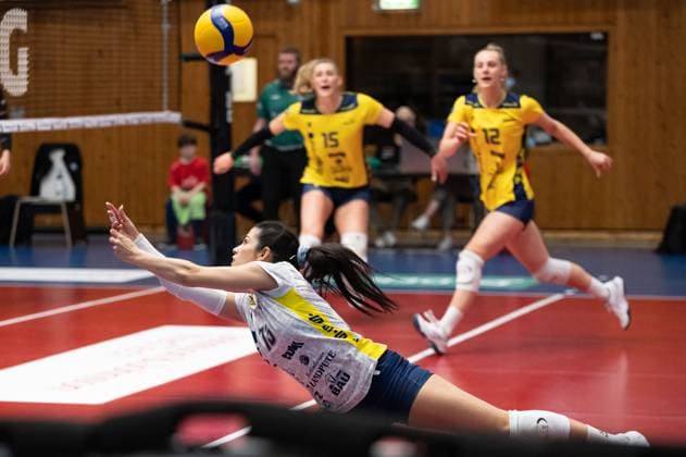 Aachen, Germany, March 29, 2025: Patricia Llabres Herrera (13 SSC Palmberg Schwerin) blocks the shot during the Volleyball Bundesliga Frauen Playoffs game between Ladies in Black Aachen and SSC Palmberg Schwerin at the Hexenkessel in Aachen, Germany (Martin Pitsch SPP) Copyright: xMartinxPitschx xSPPx spp-en-MaPiSp-20250329_NIKON Z 6_LiBvSSC_DSC2124