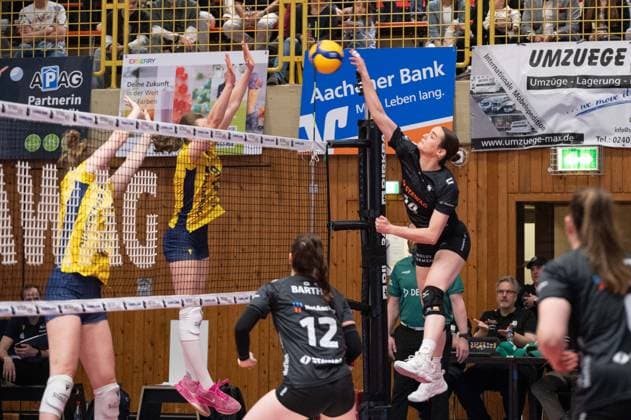 Aachen, Germany, March 29, 2025: Nicole Van de Vosse (14 Ladies in Black Aachen) jumps for a spike during the Volleyball Bundesliga Frauen Playoffs game between Ladies in Black Aachen and SSC Palmberg Schwerin at the Hexenkessel in Aachen, Germany (Martin Pitsch SPP) Copyright: xMartinxPitschx xSPPx spp-en-MaPiSp-20250329_NIKON Z 6_LiBvSSC_DSC2277