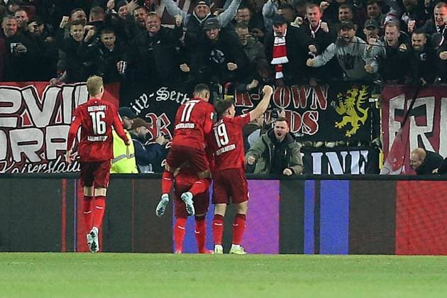 29.03.2025, xrekx, Fussball 2.Bundesliga, 1.FC Kaiserslautern - Fortuna Duesseldorf v.l. , 1.FC Kaiserslautern - Fortuna Duesseldorf v.l. Torjubel nach dem Tor zum 1:0 celebrating the goal celebrate durch Marlon Ritter (1.FC Kaiserslautern) (DFL DFB REGULATIONS PROHIBIT ANY USE OF PHOTOGRAPHS as IMAGE SEQUENCES and or QUASI-VIDEO) Kaiserslautern