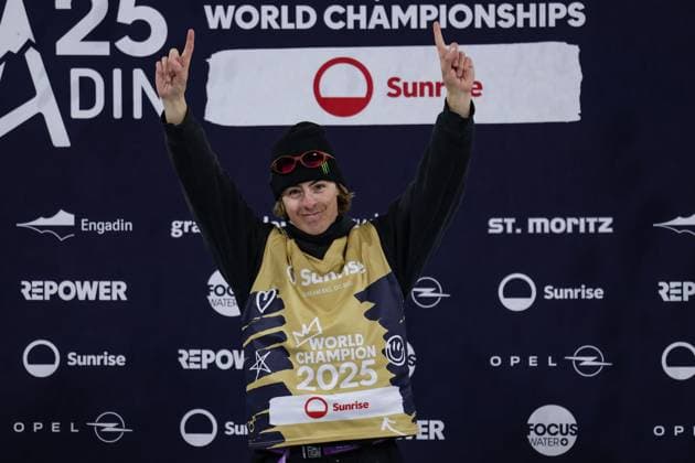 FREE STYLE, SNOWBOARD - FIS SX and SB WC Engadin 2025 SANKT MORITZ,SWITZERLAND,29.MAR.25 - FREE SKI - FIS Freestyle Ski and Snowboard World Championships, Big Air, finals, ladies, men. Image shows Luca Harrington (NZL).  GEPAxpictures xMatthiasxTrinkl