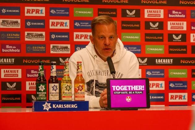 29.03.2025, xhettx, Fussball 2.Bundesliga, 1.FC Kaiserslautern - Fortuna Duesseldorf v.l. Markus Anfang (1. FC Kaiserslautern, Trainer) bei der PK (DFL DFB REGULATIONS PROHIBIT ANY USE OF PHOTOGRAPHS as IMAGE SEQUENCES and or QUASI-VIDEO)