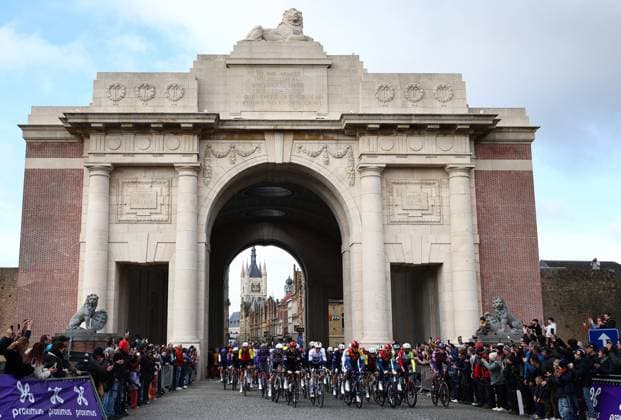 The Menenpoort (Menin Gate) pictured at the start of the men elite Gent-Wevelgem - In Flanders Fields one day cycling race, 250.3 km from Ieper to Wevelgem, Sunday 30 March 2025. DAVIDxPINTENS  x117136996x