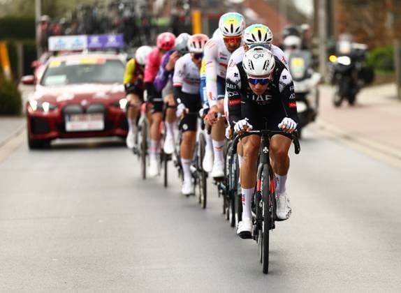 Portuguese Rui Oliveira of UAE Team Emirates in the breakaway group during the men elite Gent-Wevelgem - In Flanders Fields one day cycling race, 250.3 km from Ieper to Wevelgem, Sunday 30 March 2025. DAVIDxPINTENS  x117148820x
