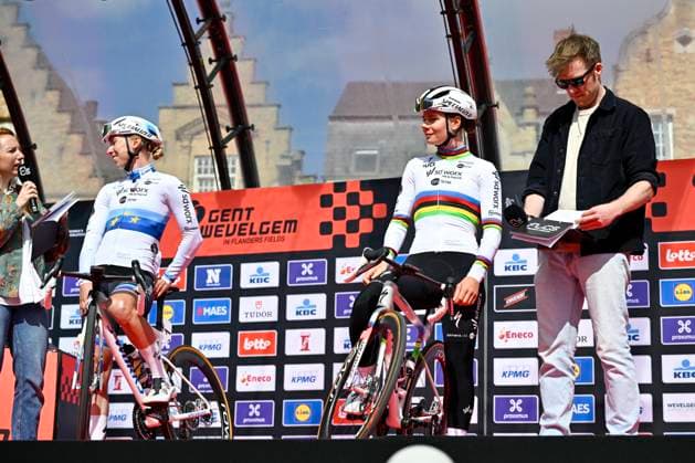 2025 Gent-Wevelgem In Flanders Fields Women Elite WEVELGEM, BELGIUM - MARCH 27 : Wiebes Lorena (NED) of Team SD Worx - Protime and Kopecky Lotte (BEL) of Team SD Worx - Protime on stage before the start of the race pictured during 14th edition of the Women s World Tour UCI Gent - Wevelgem in Flanders Fields cycling race for Women Elite with start in Ieper and finish in Wevelgem after 168,9 km on March 27, 2025 in Wevelgem, Belgium, 27 03 2025 Wevelgem Belgium  Copyright: xJanxDexMeuleneirx