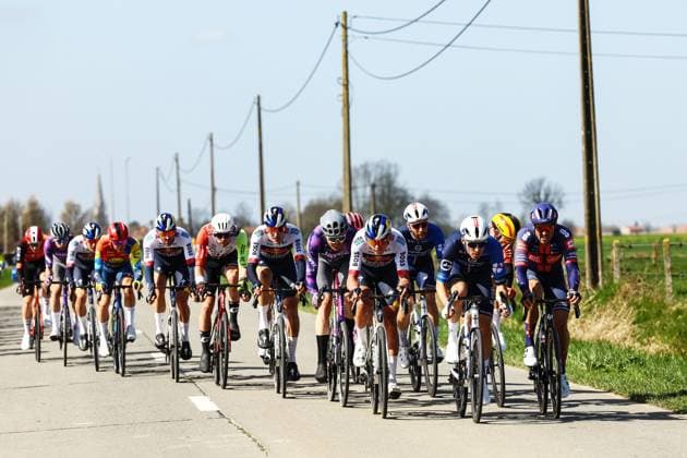 New Zealander Laurence Pithie of RedBull-BORA-hansgrohe and German John Degenkolb of Team Picnic PostNL pictured in action during the men elite Gent-Wevelgem - In Flanders Fields one day cycling race, 250.3 km from Ieper to Wevelgem, Sunday 30 March 2025. DAVIDxPINTENS  x117186291x