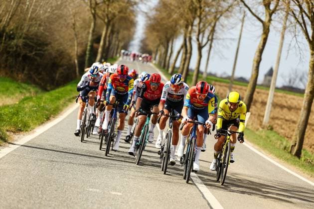 Latvian Toms Skujins of Lidl-Trek, French Arnaud Demare of Arkea-BB Hotels, New Zealander Laurence Pithie of RedBull-BORA-hansgrohe, Danish Mads Pedersen of Lidl-Trek and Belgian Victor Campenaerts of Team Visma-Lease a Bike pictured in action during the men elite Gent-Wevelgem - In Flanders Fields one day cycling race, 250.3 km from Ieper to Wevelgem, Sunday 30 March 2025. DAVIDxPINTENS  x117194031x